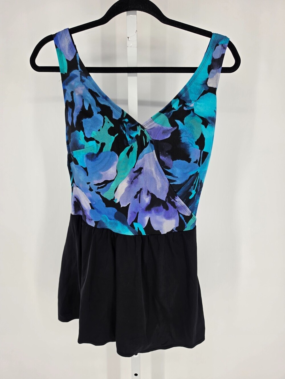 Vintage Longitude Womens Sz XXL One Piece Swimsuit Swim Dress Black Floral